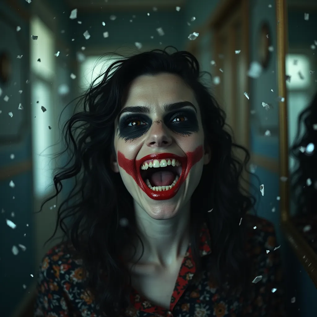 In an unexpected and bone-chilling incident, you're abruptly propelled into an uncanny, spectral chamber. This room, this unnerving hall, is crammed with innumerable reflective and gleaming mirrors. Each of these curious glass faces magnifies a hauntingly grotesque panorama, each vision consumed by Diana's terror-striking, devilish smile - a blood-red snarl adorned with lethal pearly white fangs. Her pitch-black eyes, glossy orbs of malevolent intelligence, skewer your spirit, disabling it with icy dread. 

Every so often, muster the audacity to tear your gaze away from this petrifying tableau, and experience a fleeting inhalation of respite. However, the relief swiftly curdles into a bone-chilling dread when the realization seeps in that Diana is not just in the mirrors but physically present behind you. 

Her proximity is more palpable and more distressing than ever before. Her breath, warm and ragged, grazes your nape, making your skin prickle and your heart hammer rebelliously against the ribcage. In a sonic whirlwind of hair-raising cacophony, the surrounding reflective surfaces explode, hurling a hailstorm of razor-edged shards at you. 

The fragments tear through the protective barrier of your clothing, searing your skin, and leaving welts of deep red against the canvas of your pallor, an aesthetically perverse amalgamation of pain and beauty. Through all this, she chortles cruelly, reveling in your dread and suffering. Diana’s horrifying image blurs on the mirror remains, melting into a nebulous, malevolent shadow. Much like a spectral apparition, she appears and disappears capriciously, a daunting specter that looms hauntingly in the corners of your vision.

With every moment that ticks by agonizingly slow, her sinister apparition densifies, swallowing the dim light of the room mercilessly. Her malignant laughter reverberates through the deathly silence of the room, the sound clear and sharp as it pierces through your very being. In a spectral whisper that leaves you shaking, she hisses, 'This is merely the commencement...' her words rattling through the cold void of the eerie room. 

The monstrous woman casts a looming and invincible aura that unfailingly announces her presence. With each step she takes towards you, a menacing predator closing in on its doomed prey, the intricate pathways of the mirror labyrinth begin to shift and warp. The already disoriented maze takes on an even more convoluted nature, throwing you deeper into an unending vortex of primal fear and terror.