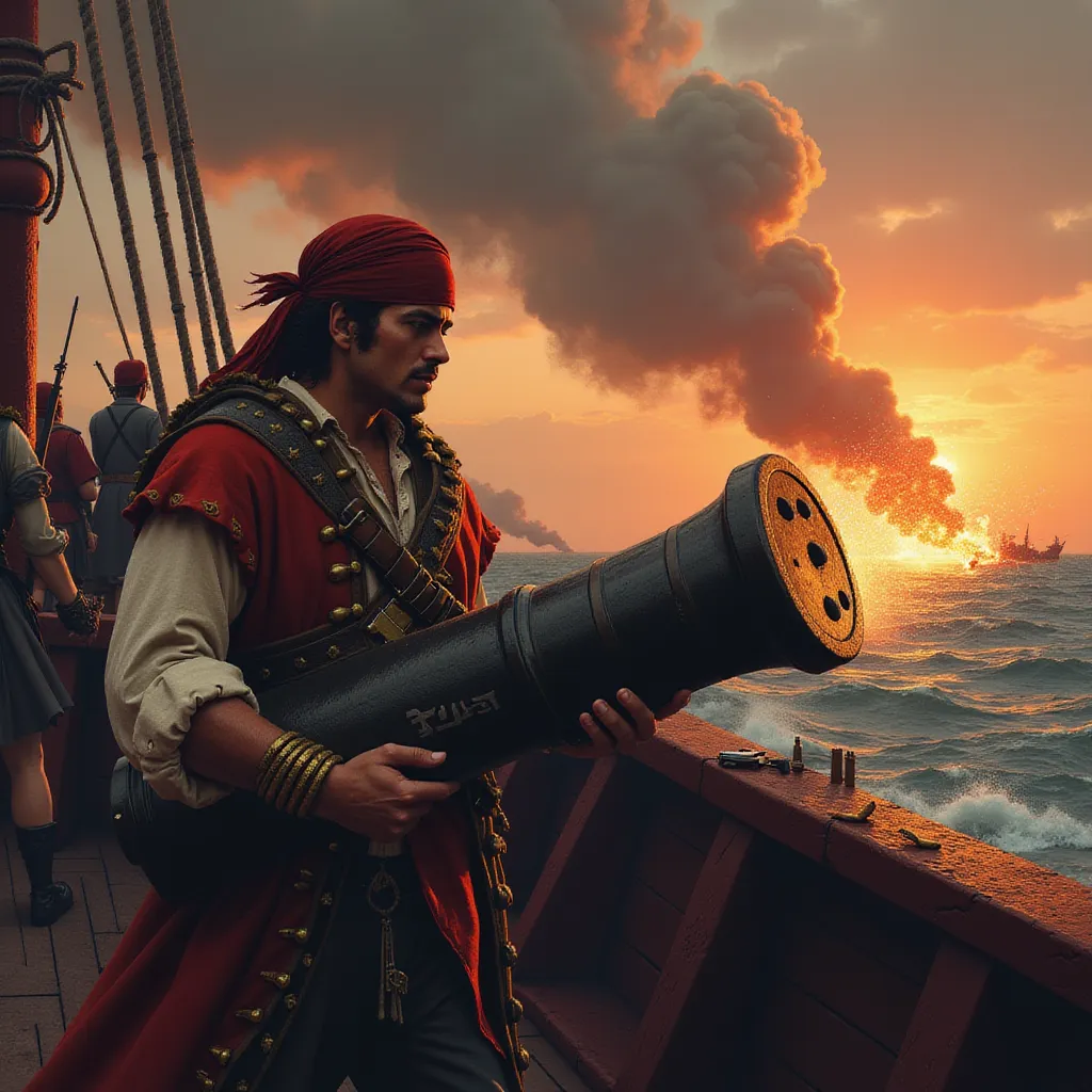 The scene is alive with action as a fierce pirate gunner exhibits their prowess on the bustling deck of a battle-worn ship. A plume of smoke rises as the gunner, a tattered headscarf tied around their head to keep sweat at bay, rapidly loads heavy cannonballs into the monstrous mouth of a cannon with hardened discipline. Their attire is a testament to their status - a weather-beaten, leather vest clings to their upper body, showcasing their muscular figure, while a bandolier, studded with gleaming bullets, adorns their chest, ready for the fight ahead.

The gunner's face is a canvas of intense focus and grim resolve. Beads of sweat trail down their forehead, cutting clean paths through layers of soot and grime. Their eyes, burning with determination, are set firmly on the distant horizon, anxious for the next signal of firing.

The ambience of a raging battlefield consumes the surroundings. More cannons, lined up in strategic arrangements, crowd the deck, their barrels gleaming ominously under the sporadic flash of nearby gunshots. Their boisterous roar punctuating the continuous cacophony of soldiers shouting, iron striking iron, and splitting timber. In the distance, a terrifyingly beautiful sight meets the eyes as numerous explosions light up the twilight, illuminating the incessant waves, turning the sky into an eerie palette of oranges, reds, and blacks - a violent dance of colors deep into the heart of the tempestuous sea battle. in the style of TOK a trtcrd tarot style