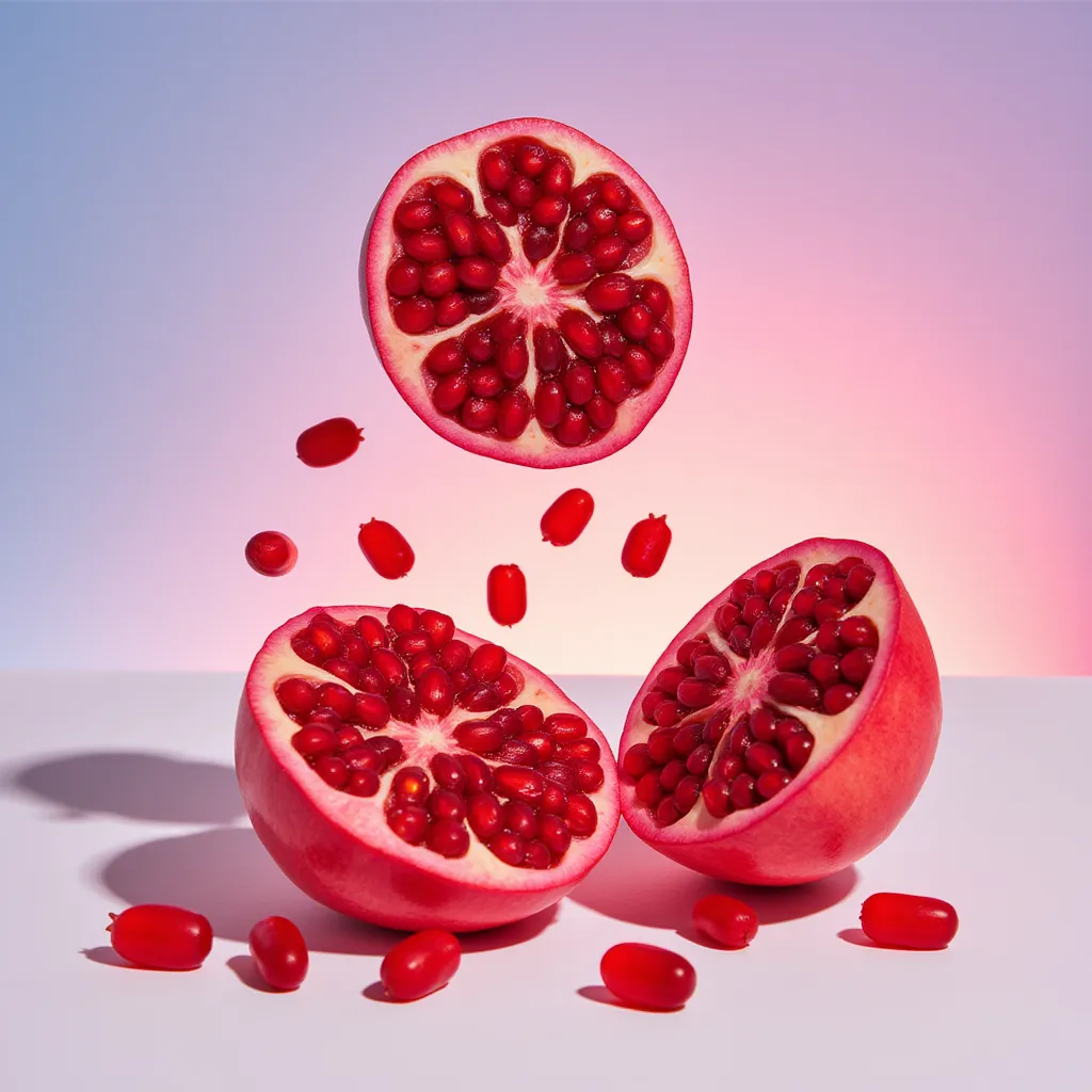A high-resolution photograph shows two freshly sliced pomegranate halves arranged in a dynamic composition. One of the halves is caught mid-impact as it bursts open, juice suspended mid-air in a dramatic freeze-frame moment. The scene is set against a background with a soft gradient transitioning from #F24B78 to #D98289, or alternatively illuminated by angled light that casts gentle, colorful reflections. The pomegranates gleam with juicy freshness and energy, highlighting their glossy seeds and rich textures in a luxurious, creative fruit advertising style.