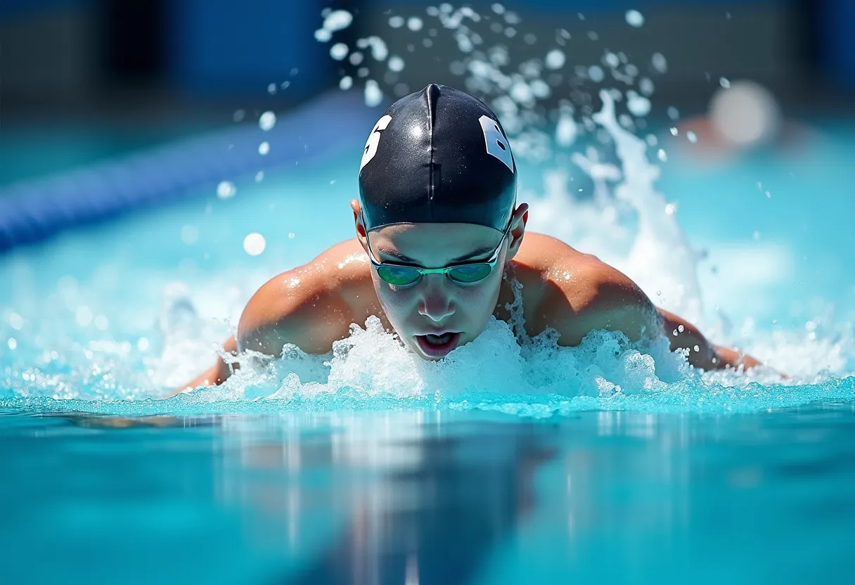 In the midst of the highly competitive Olympic games, a young, determined girl is fully-engaged in a critical swimming event. Her eyes focused, her muscles taut with anticipation, she's suspended in sapphire-blue water. With the cheering crowd fading away into a blur of sounds, she slices through the water, striving for victory. Every stroke, every breath, every second is a testament to her unwavering determination, skill, and sheer willpower. All her intensive training and sacrifices are distilled into this moment, as she swims in this globally recognized sporting match, striving to earn international glory.