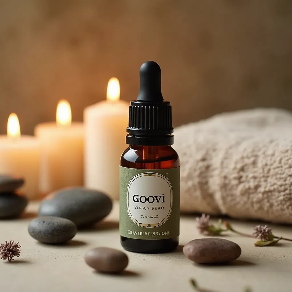 GOOVI essential oil bottle with a serene spa vibe, surrounded by candles, stones, and a towel, promoting relaxation and wellness.