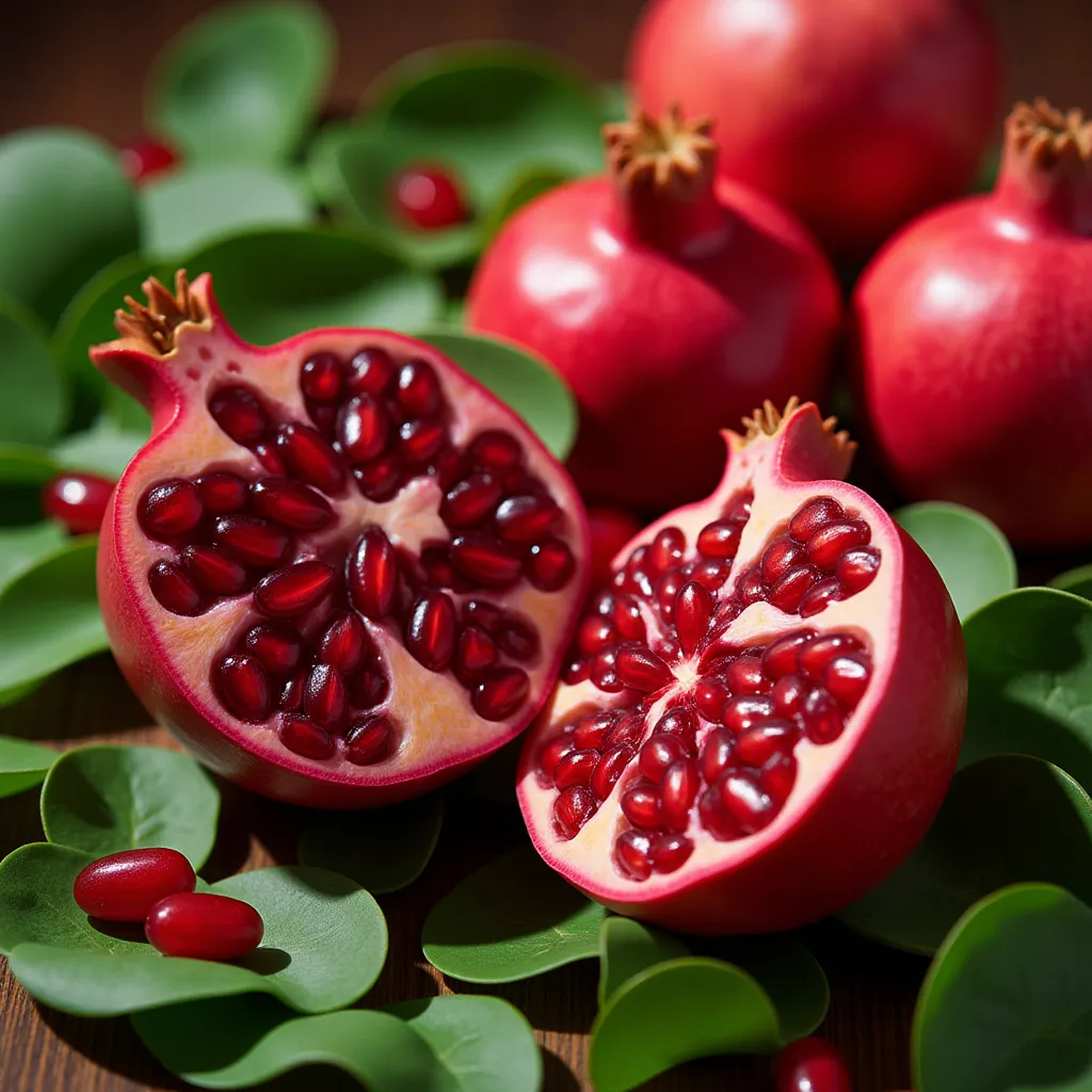A premium food photography image of a luscious pomegranate cut cleanly in half, revealing glistening ruby-red seeds inside. The outer skin of the fruit is rendered in rich, deep tones of #802233 and #BF0426, emphasizing its bold, natural vibrancy. The halves rest on a lush bed of pomegranate leaves in vivid green hues of #04BF25 and #266A32, adding contrast and organic depth. Natural shadows and soft, radiant light highlight the fruit’s juicy texture and rich color interplay. The background includes subtle accents of #402127 to evoke a refined, earthy elegance. Ultra-detailed and photorealistic – perfect for a luxurious fresh fruit advertisement.