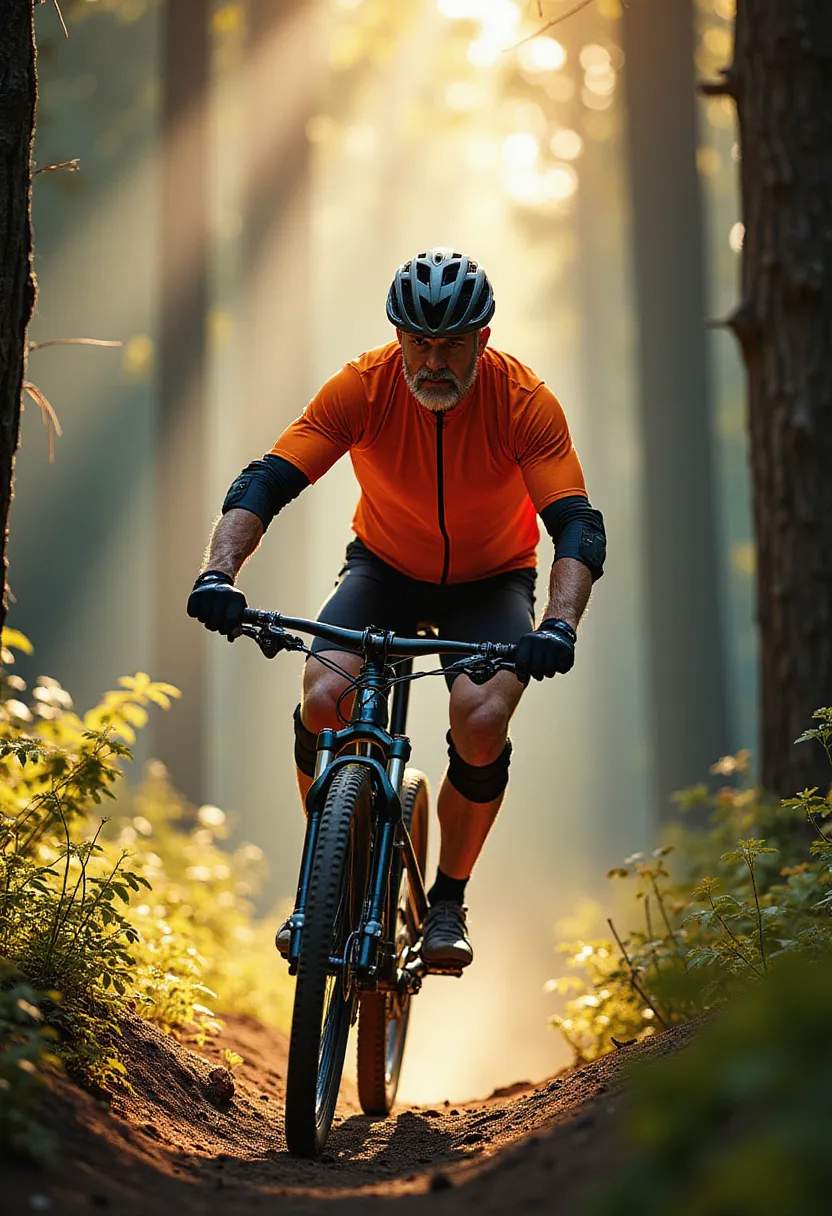 A middle-aged man dressed in a bright cycling suit is riding a mountain bike through a densely wooded trail. The striking sunlight filtering through the towering trees casting long, streaky shadows over him. He is wearing protective gear - a sturdy helmet, knee and elbow pads, and a pair of gloves. Through the winding path, he maneuvers skillfully, his intense focus mirrored in his determined eyes. The fantastically cool wind blusters against his face, making his cycling experience adventurous and exhilarating. His muscular legs pedal rhythmically, each revolution synonymous with the racing pace of his heart. in the style of TOK a trtcrd tarot style