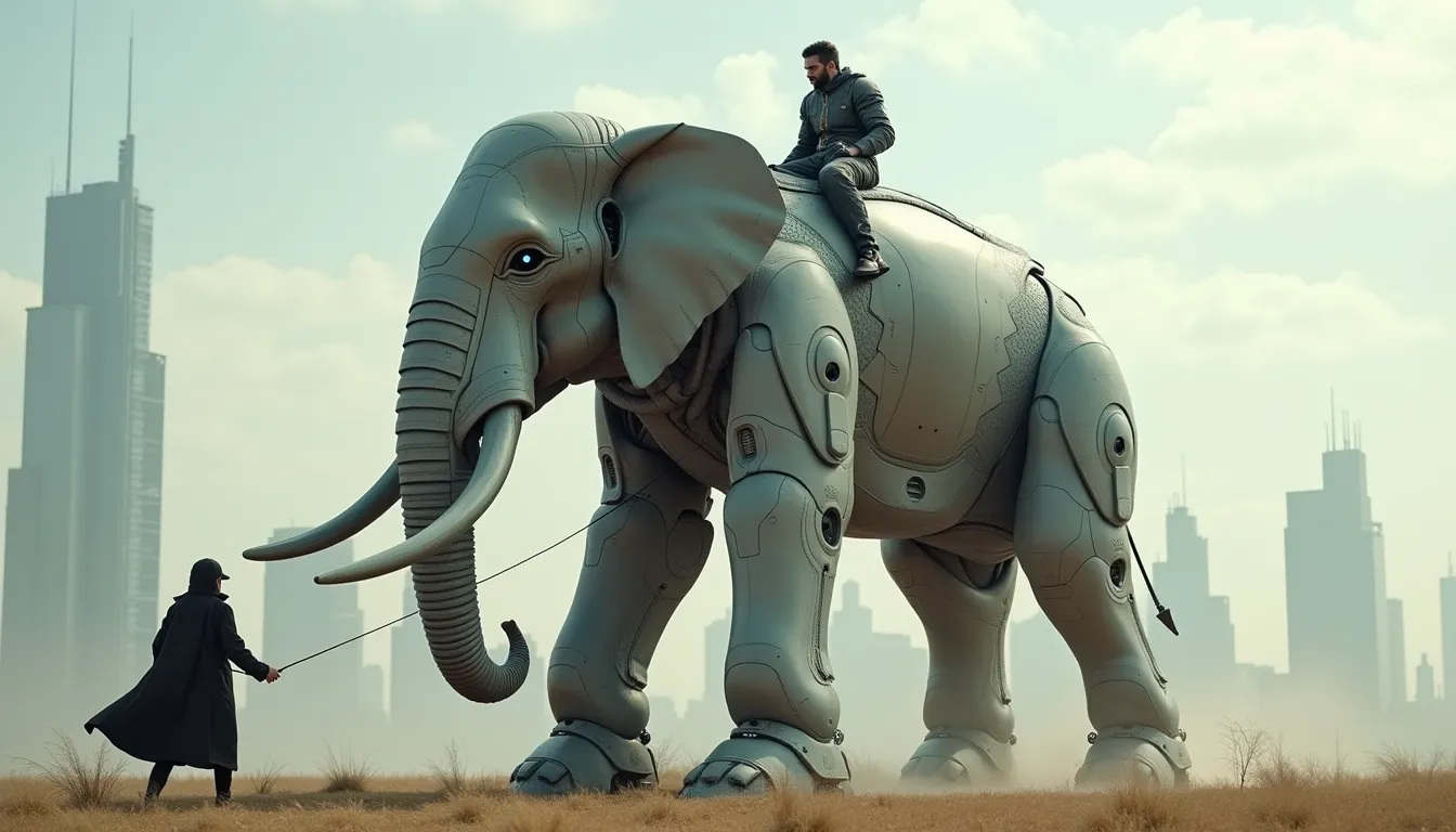 In the distant future, a solitary man, clad in a futuristic suit of armor, is perched upon an enormous, uncannily lifelike robot, modeled exquisitely after an elephant. This is not your ordinary elephant, but a robotic marvel, its realistic hide shrouded in a metallic sheen, while its articulate limbs resonate with quiet power. Its eyes, piercing and illuminated, blink in a gentle rhythm with an unmistakable electric glow. The man, with a confident grip on the hulking contraption's reins, manoeuvres deftly, his stance firm and unyielding, while the towering robotic creature beneath him responds with surprising grace. Their synergy is a testament to the unbreakable camaraderie between man and machine, each moving in rhythm with the other against the backdrop of a sprawling, futuristic cityscape.