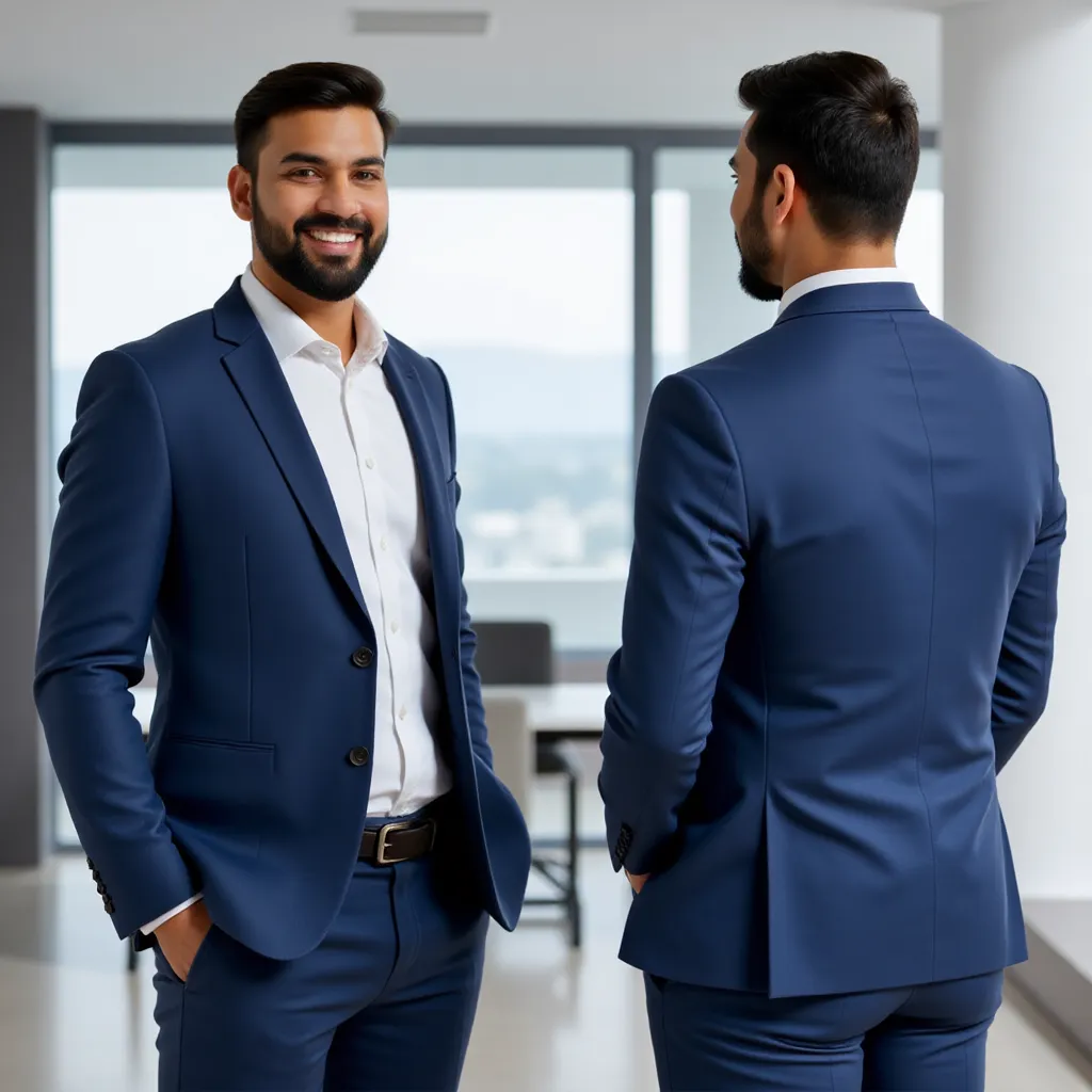 A professional Indian man in his 30s, with a well-groomed beard and short black hair, wearing a formal business suit (navy blue blazer, white shirt, no tie), standing confidently in an office environment. He has a warm, approachable expression. Generate 4 images showing different angles: front view, side view, 3/4 view, and back view. Clean background with soft natural lighting.