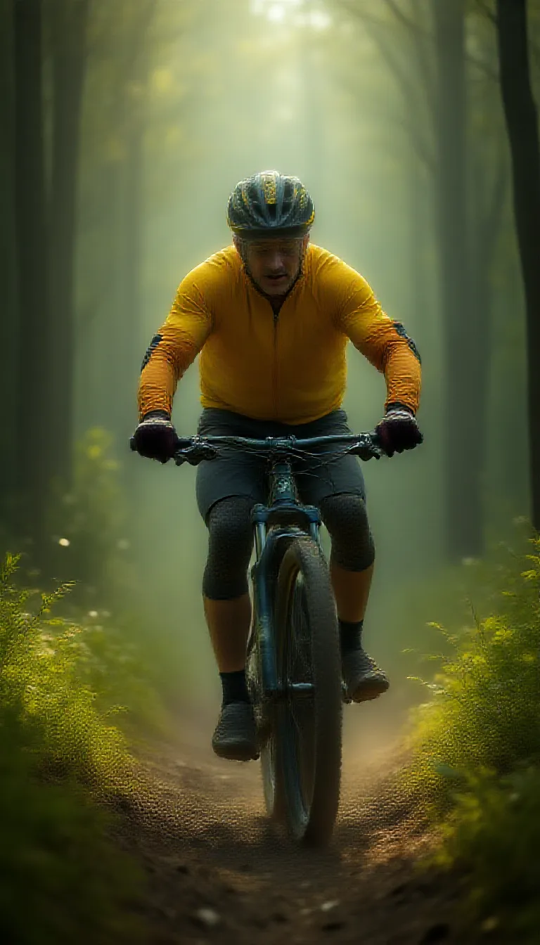 A middle-aged man dressed in a bright cycling suit is riding a mountain bike through a densely wooded trail. The striking sunlight filtering through the towering trees casting long, streaky shadows over him. He is wearing protective gear - a sturdy helmet, knee and elbow pads, and a pair of gloves. Through the winding path, he maneuvers skillfully, his intense focus mirrored in his determined eyes. The fantastically cool wind blusters against his face, making his cycling experience adventurous and exhilarating. His muscular legs pedal rhythmically, each revolution synonymous with the racing pace of his heart.