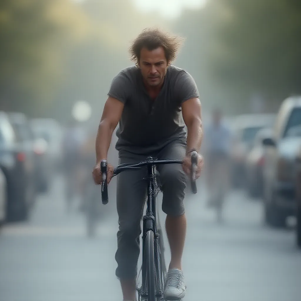 An adult man energetically pedaling a sleek, modern bicycle down a bustling city street, his focused gaze fixed on the road ahead. The soft breeze ruffles his hair as he maneuvers between the cars, displaying a level of skill that comes only from regular practice, his muscles straining with the exertion. Even amidst the urban chaos, there are hints of freedom in his movement - a testament to his love for bike-riding.