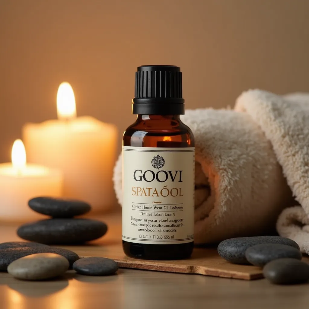 GOOVI essential oil bottle with a serene spa vibe, surrounded by candles, stones, and a towel, promoting relaxation and wellness.