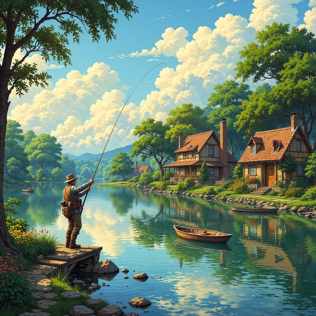 GHIBSKY style, a fisherman casting a line into a peaceful village lake surrounded by quaint cottages