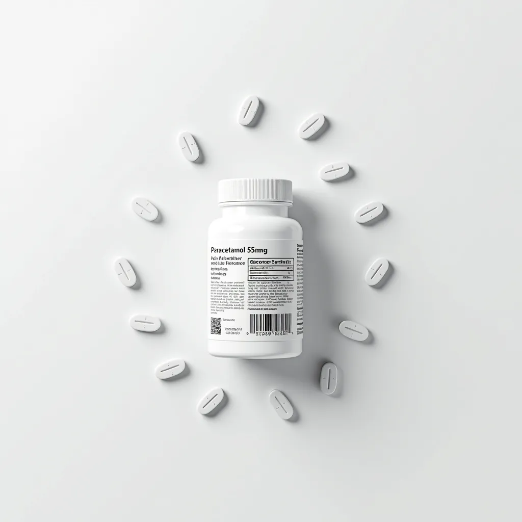 A sleek medical supplement bottle for paracetamol on a white background, featuring the text logo 'TECHBOAT' at the top in a clean font. The bottle is lying flat with its label facing upward, showcasing the detailed information: 'Paracetamol 550mg,' 'Pain Reliever and Fever Reducer,' dosage instructions, warnings, storage instructions, and a barcode. The cap is securely closed, and a few pills are placed neatly around the bottle, creating a clean and organized scene. The minimalistic design with soft, diffused lighting emphasizes professionalism and premium quality.