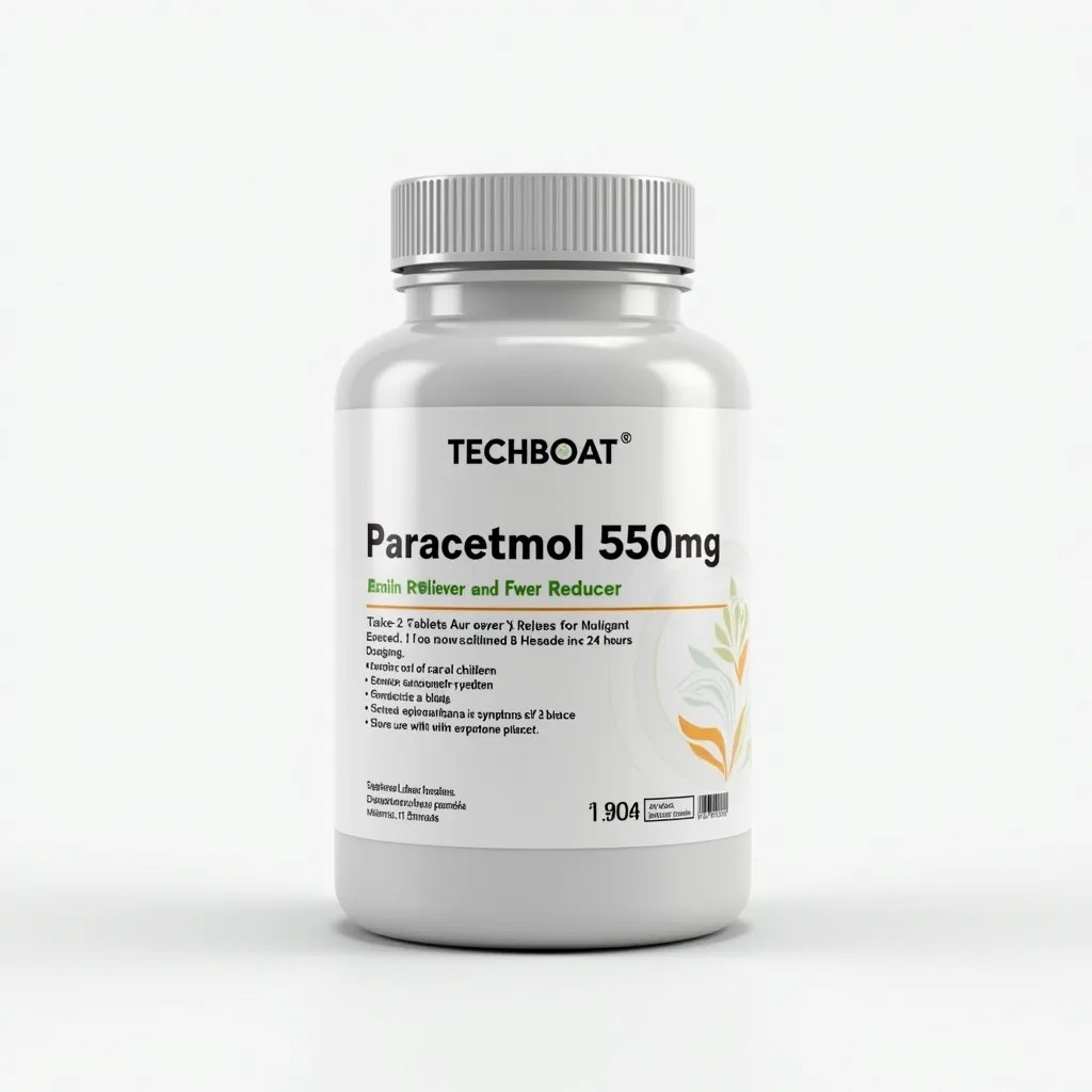 A sleek medical supplement bottle for paracetamol on a white background. The bottle features the text logo 'TECHBOAT' at the top in a clean font. The label includes clear and detailed information: 'Paracetamol 550mg' prominently displayed, followed by 'Pain Reliever and Fever Reducer.' Dosage instructions such as 'Take 1-2 tablets every 6 hours as needed. Do not exceed 8 tablets in 24 hours.' Warnings like 'Keep out of reach of children,' 'Consult a doctor if symptoms persist,' and 'Do not use with other acetaminophen products.' Additional details include storage instructions, 'Store in a cool, dry place,' and a barcode at the bottom. The design is minimalistic with a white and subtle accent color scheme. Soft lighting highlights the bottle, giving it a professional and premium look and label text should be clear