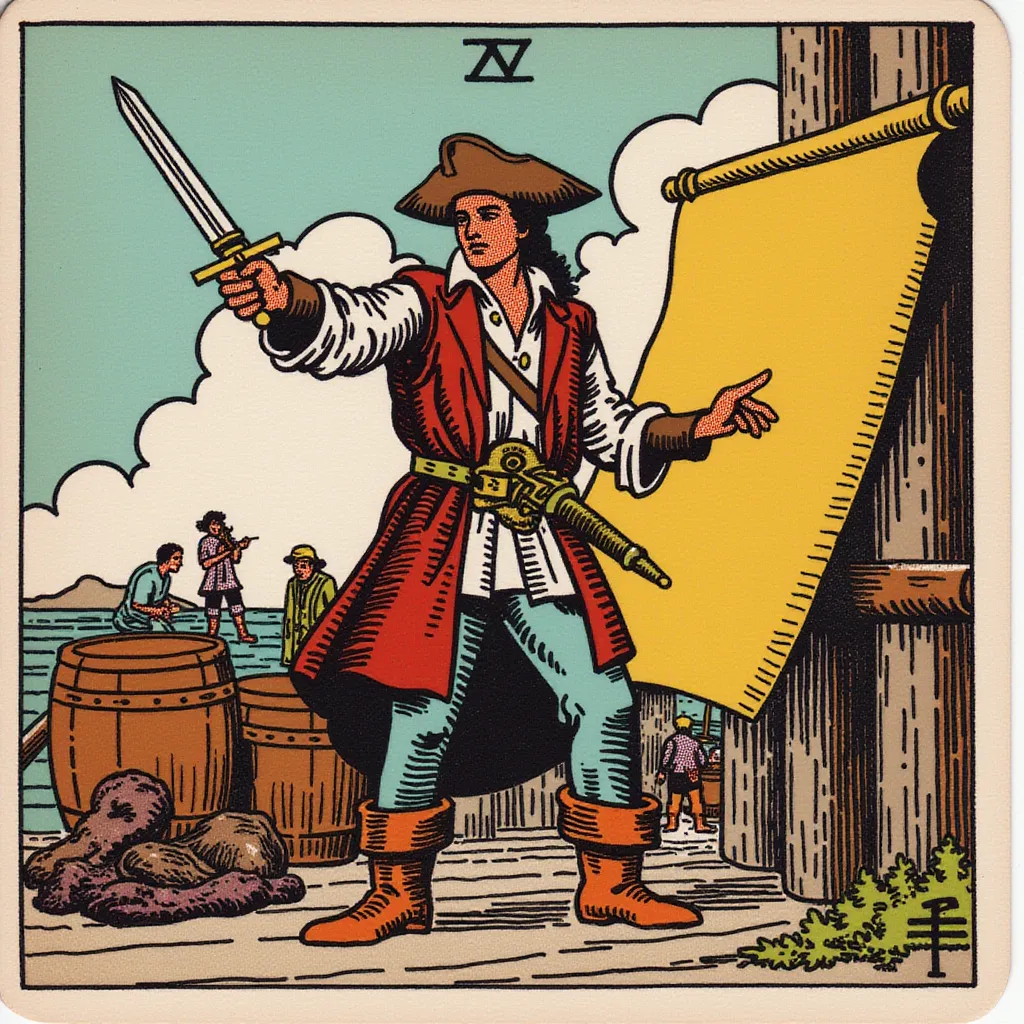 A determined pirate quartermaster standing on the deck, pointing towards a treasure map with one hand while holding a sword in the other. Dressed in a leather vest, belt with pistols, and sturdy boots. The expression is assertive and calculating, showing leadership qualities. The background features barrels of supplies and crew members working only weist-up image in the style of TOK a trtcrd tarot style