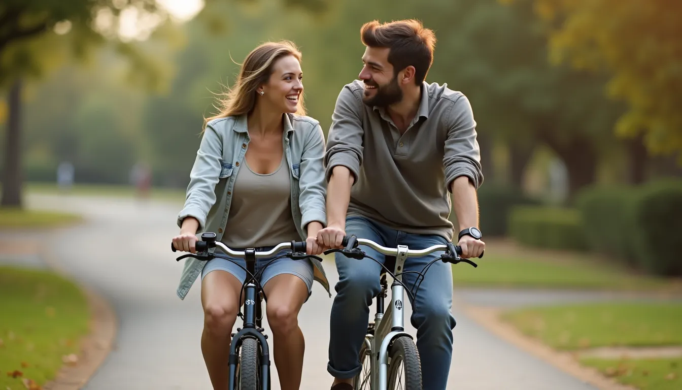 a man riding a bicycle with their girlfriend