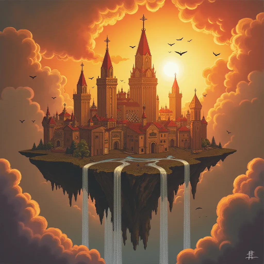 Immersed in the breath-taking embrace of a flaming sunset, lies a mesmerizing city. A floating miracle, suffused with an ethereal glow, suspended delically amidst clouds tinged with gold, orange, and purple hues. Each towering structure is a masterpiece, echoing a distinct fantasy art style. Intricate, graceful arcs and spirals etched onto the surfaces of the buildings orchestrate a harmonious symphony, portraying an otherworldly architectural design.

This effect is further amplified as numerous cascades of sparkling waterfalls rush from the city's ethereal edges, their shimmering paths traced with random rainbows as they plunge into the unseen abyss beneath the city. Their constant, soothing, musical murmur creates a hypnotic symphony that compliments the very essence of this dreamlike setting.

Adding splashes of vibrant colors against the warm shades of the setting sun, an array of exotic birds encircle the city. Every species flourishes with unique, rich plumes, their exquisite hues intensifying in the sunset's honeyed glow. Diving, twisting, and soaring in harmonious formation, their presence imparts a lively animation to the otherwise silent cityscape.

This image vividly imprints an otherworldly beauty on the canvas of observers' minds, marrying earthy architectural charm with untamed nature's magnificence, all illuminated under a magical twilight glow. in the style of TOK a trtcrd tarot style