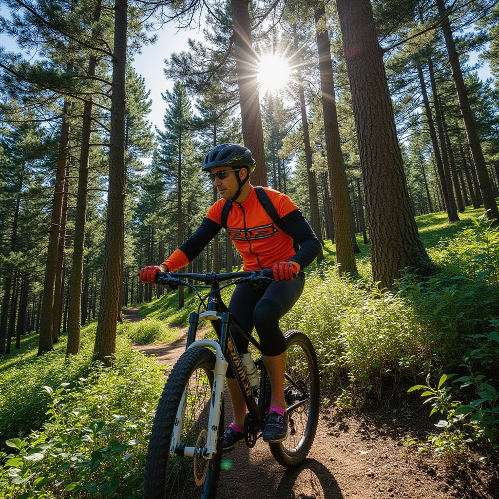 A middle-aged man dressed in a bright cycling suit is riding a mountain bike through a densely wooded trail. The striking sunlight filtering through the towering trees casting long, streaky shadows over him. He is wearing protective gear - a sturdy helmet, knee and elbow pads, and a pair of gloves. Through the winding path, he maneuvers skillfully, his intense focus mirrored in his determined eyes. The fantastically cool wind blusters against his face, making his cycling experience adventurous and exhilarating. His muscular legs pedal rhythmically, each revolution synonymous with the racing pace of his heart. in photo style