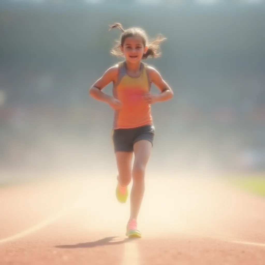 A young girl energetically running on a well-trodden athletic track, her ponytail swaying rhythmically with each stride she takes. The roar of the crowd around the arena fades into a subtle hum as she focuses on the finish line just meters away. Dressed in a vibrant running attire, and her feet clad in neon running shoes, she kicks up a flurry of dust as she pushes forward on the gravel track, her determined face reflecting the intense passion she holds for the sport.