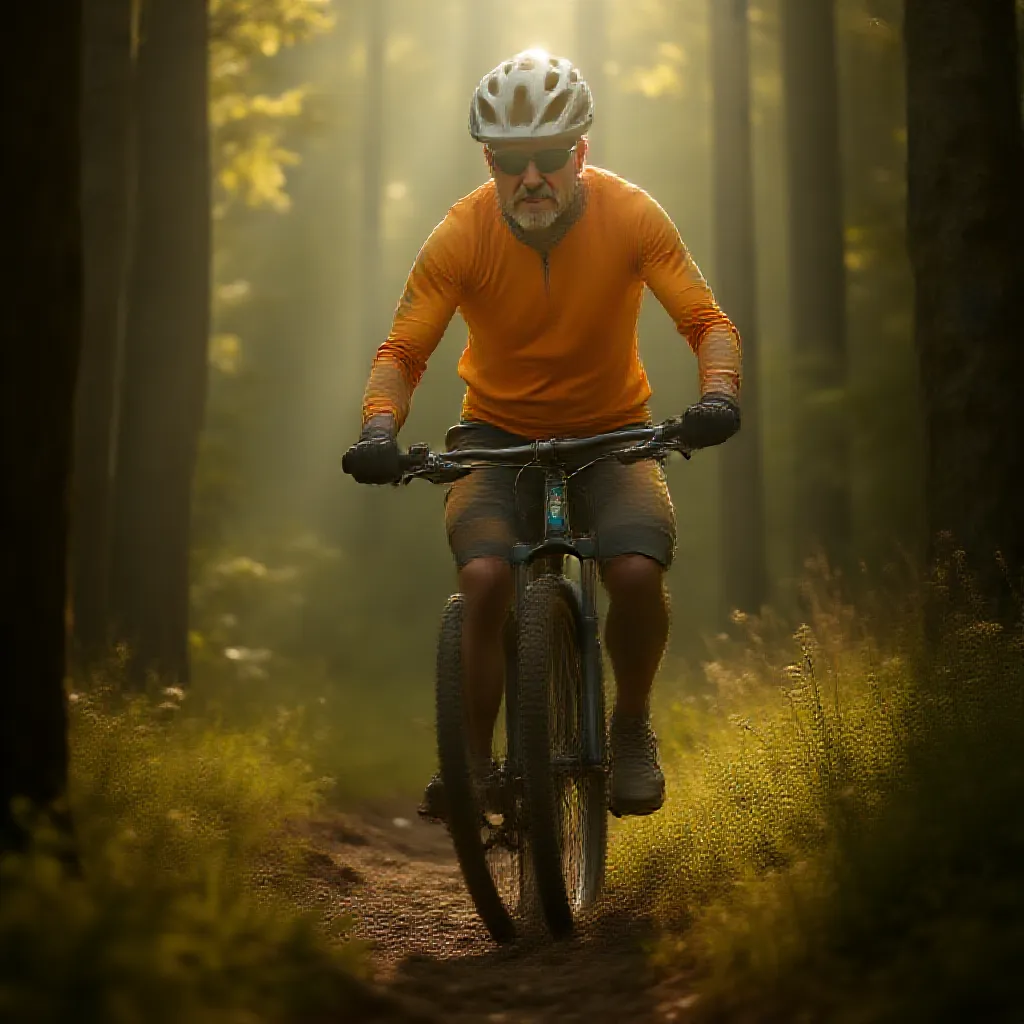 A middle-aged man dressed in a bright cycling suit is riding a mountain bike through a densely wooded trail. The striking sunlight filtering through the towering trees casting long, streaky shadows over him. He is wearing protective gear - a sturdy helmet, knee and elbow pads, and a pair of gloves. Through the winding path, he maneuvers skillfully, his intense focus mirrored in his determined eyes. The fantastically cool wind blusters against his face, making his cycling experience adventurous and exhilarating. His muscular legs pedal rhythmically, each revolution synonymous with the racing pace of his heart.