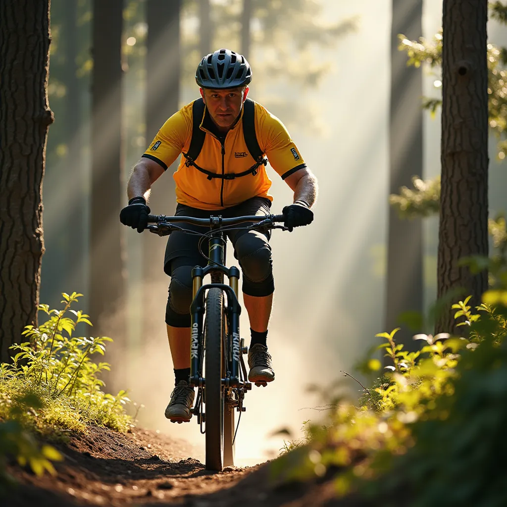 A middle-aged man dressed in a bright cycling suit is riding a mountain bike through a densely wooded trail. The striking sunlight filtering through the towering trees casting long, streaky shadows over him. He is wearing protective gear - a sturdy helmet, knee and elbow pads, and a pair of gloves. Through the winding path, he maneuvers skillfully, his intense focus mirrored in his determined eyes. The fantastically cool wind blusters against his face, making his cycling experience adventurous and exhilarating. His muscular legs pedal rhythmically, each revolution synonymous with the racing pace of his heart. in the style of TOK a trtcrd tarot style