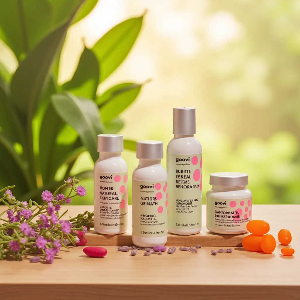 Displayed elegantly on a gently sunlit, light-grained wooden surface is the exquisite GOOVI natural skincare product set, renowned for its nourishing, organic ingredients. The collection of artisanally designed bottles and jars, brimming with nature's goodness, coalesce to create a tableau of elegance and beauty. Like the guardians of this holistic ensemble, fresh flowers delicately intermingle with an assortment of exuberant herbal leaves, their vibrant hues mirrored in the product's packaging.

Celestial rays of soft sunlight dance their way onto the scene, highlighting the ethereal textures of dew-touched petals and rich wooden surface, which create a captivating interplay of light and shadow. The soothing illumination lends an almost divine glow to the entire scene, accentuating the earthly charm of the skincare set.

The stage is set in such a way that it evokes a fresh and eco-friendly vibe, almost resembling a quiet, serene spot in the heart of a lush woodland clearing. The overall ambiance is harmonious, inviting passersby into GOOVI's world of natural skincare, authenticating the brand's commitment to sustainably sourced, environmentally-friendly products that treasure the earth and its gifts.