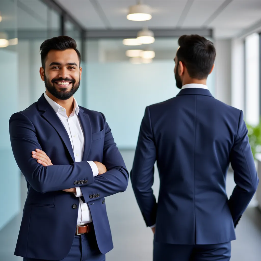 A professional Indian man in his 30s, with a well-groomed beard and short black hair, wearing a formal business suit (navy blue blazer, white shirt, no tie), standing confidently in an office environment. He has a warm, approachable expression. Generate 4 images showing different angles: front view, side view, 3/4 view, and back view. Clean background with soft natural lighting.