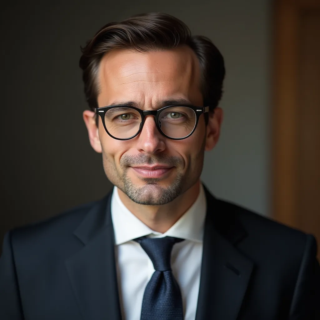 Using the provided image of a face, please generate an image of a professional businessman. Consider enhancing the overall suave by adding a suit and tie. Effectively integrate these elements whilst maintaining the realistic look of the image. The desired output should visually communicate the distinct persona of a corporate business individual, projecting seriousness, elegance, and sophistication which are usually associated with an experienced corporate professional. Please ensure the authenticity and quality of the image enhancement is top-notch to capture the essence of a professional businessman. in the style of TOK a trtcrd tarot style
