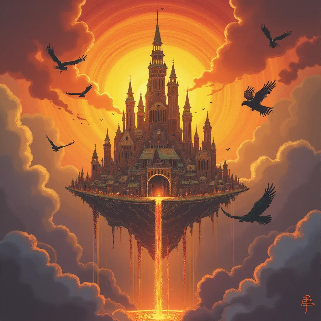 Immersed in the breath-taking embrace of a flaming sunset, lies a mesmerizing city. A floating miracle, suffused with an ethereal glow, suspended delically amidst clouds tinged with gold, orange, and purple hues. Each towering structure is a masterpiece, echoing a distinct fantasy art style. Intricate, graceful arcs and spirals etched onto the surfaces of the buildings orchestrate a harmonious symphony, portraying an otherworldly architectural design.

This effect is further amplified as numerous cascades of sparkling waterfalls rush from the city's ethereal edges, their shimmering paths traced with random rainbows as they plunge into the unseen abyss beneath the city. Their constant, soothing, musical murmur creates a hypnotic symphony that compliments the very essence of this dreamlike setting.

Adding splashes of vibrant colors against the warm shades of the setting sun, an array of exotic birds encircle the city. Every species flourishes with unique, rich plumes, their exquisite hues intensifying in the sunset's honeyed glow. Diving, twisting, and soaring in harmonious formation, their presence imparts a lively animation to the otherwise silent cityscape.

This image vividly imprints an otherworldly beauty on the canvas of observers' minds, marrying earthy architectural charm with untamed nature's magnificence, all illuminated under a magical twilight glow. in the style of TOK a trtcrd tarot style