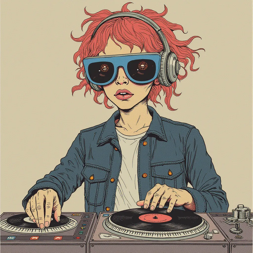 A DJ with vinyl records for eyes and cassette tape hair, pnt style