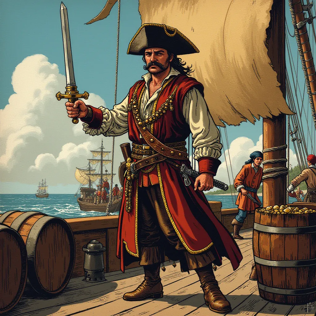 A fiercely determined pirate quartermaster, cloaked in the long shadow of the towering mast, stands solemnly on the weathered wooden deck of a mighty and well-managed 18th-century galleon. Assertively pointing towards an intricately illustrated treasure map with his sunburnt, calloused hand, while in the other, he firmly brandishes an impeccably polished steel sword that glints menacingly under the tropical sun. His outfit is a charismatic blend of function and intimidation, featuring a worn, mahogany leather vest heavily laced with gold, a sturdy and intricately crafted belt housing a pair of vintage wheellock pistols, and a pair of weathered yet unbowed boots, every element narrating a story of countless skirmishes and endless sea voyages.

His facial expression is unyielding and calculating, eyes narrowed evidently demonstrating a wit as sharp as his sword and leadership qualities that have been honed by countless encounters with the unpredictable sea and ruthless adversaries. His chevron mustache frames a stern mouth, whispering tales of the numerous battles he's fought and the countless challenges he's overcome.

As the quintessential seafaring backdrop, wooden barrels filled with crucial sea voyage supplies like hardtack, rum, and gunpowder are neatly stacked behind him. Scruffy and rugged crewmen, their faces weathered from the harsh kisses of seawater and sun, busily scuttle about their duties, their actions a harmonious dance of purposeful chaos. The scene is filled with the grating sound of ropes against pulleys and the rhythmic lapping of waves against the hull, all painting a vivid and vibrant picture of seafaring life under the able guidance of the underappreciated yet crucial role of the pirate quartermaster. in the style of TOK a trtcrd tarot style
