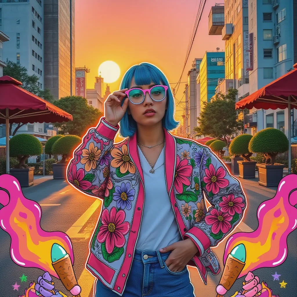 In the style of TOK, a photo editorial avant-garde dramatic action pose of a woman short blue hair wearing 70s round wacky sunglasses pulling glasses down looking forward, in Tokyo with large marble structures and bonsai trees at sunset with a vibrant illustrated jacket surrounded by illustrations of flowers, smoke, flames, ice cream, sparkles, rock and roll