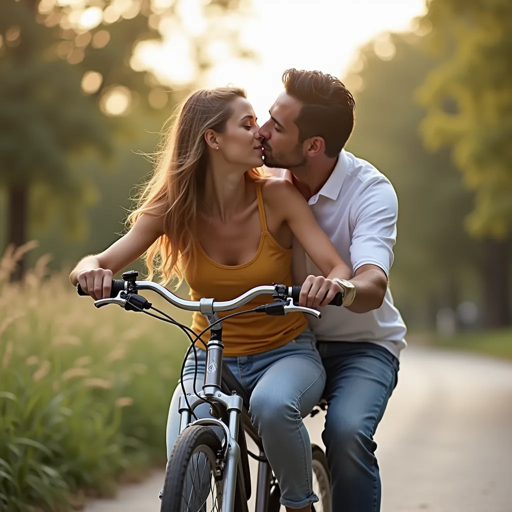 a man riding a bicycle with their girlfriend and also kissing her