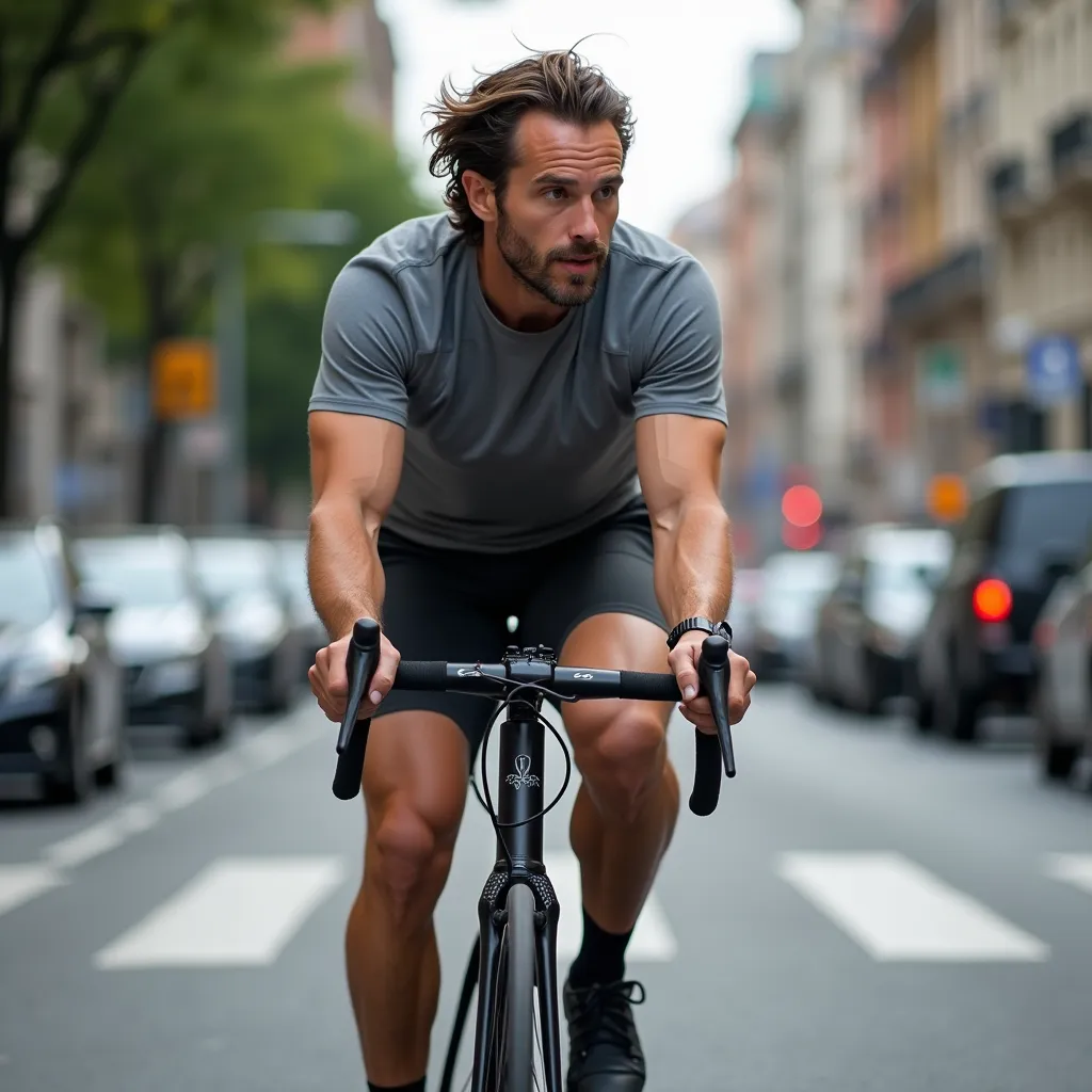 An adult man energetically pedaling a sleek, modern bicycle down a bustling city street, his focused gaze fixed on the road ahead. The soft breeze ruffles his hair as he maneuvers between the cars, displaying a level of skill that comes only from regular practice, his muscles straining with the exertion. Even amidst the urban chaos, there are hints of freedom in his movement - a testament to his love for bike-riding.