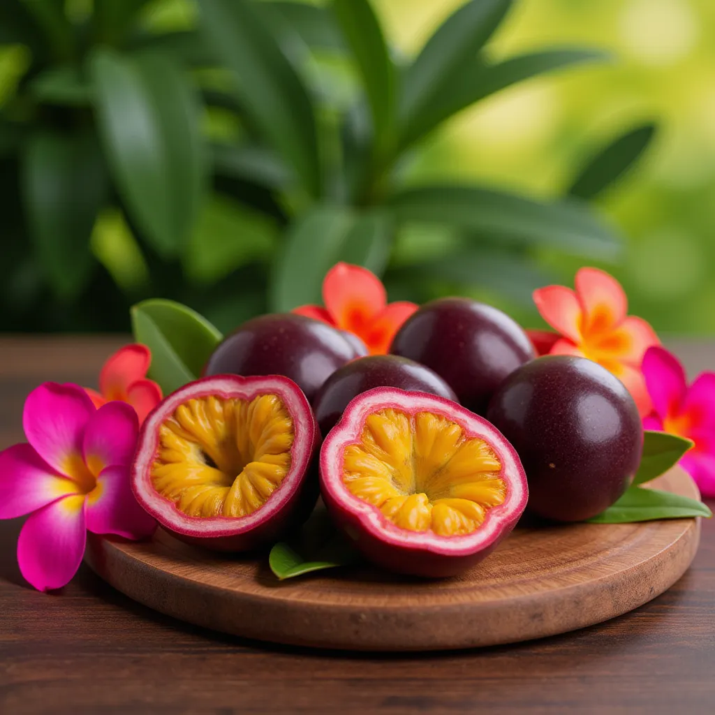 Vibrant and colorful still life photograph featuring a rustic wooden table as the base. On the table, there is a round wooden platter holding several passion fruits, one of which is cut open to reveal its bright yellow, seed-filled interior. The passion fruits have a deep purple exterior. Surrounding the fruits are vivid pink and orange plumeria flowers, adding a tropical touch to the composition. The background is softly blurred with a bokeh effect, showcasing lush green leaves and creating a serene, natural atmosphere. The lighting is warm and soft, highlighting the textures and colors of the fruits and flowers, and casting gentle shadows on the table surface. The overall layout is balanced and aesthetically pleasing, with a harmonious blend of natural elements and colors.
Make the Maracuja look realistic and and some more flowers and leafs. Now make the inside of the Maracuja look juicy. Make it look realistic 