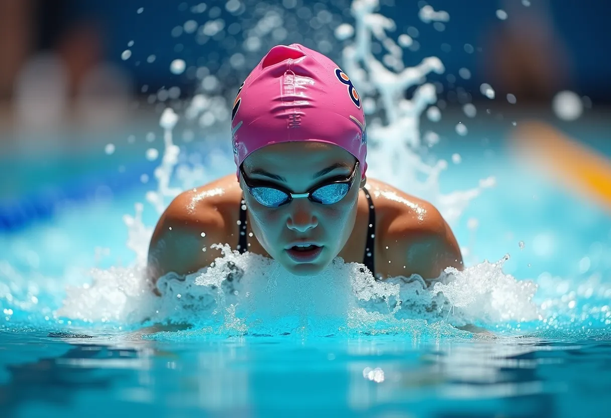 In the midst of the highly competitive Olympic games, a young, determined girl is fully-engaged in a critical swimming event. Her eyes focused, her muscles taut with anticipation, she's suspended in sapphire-blue water. With the cheering crowd fading away into a blur of sounds, she slices through the water, striving for victory. Every stroke, every breath, every second is a testament to her unwavering determination, skill, and sheer willpower. All her intensive training and sacrifices are distilled into this moment, as she swims in this globally recognized sporting match, striving to earn international glory.