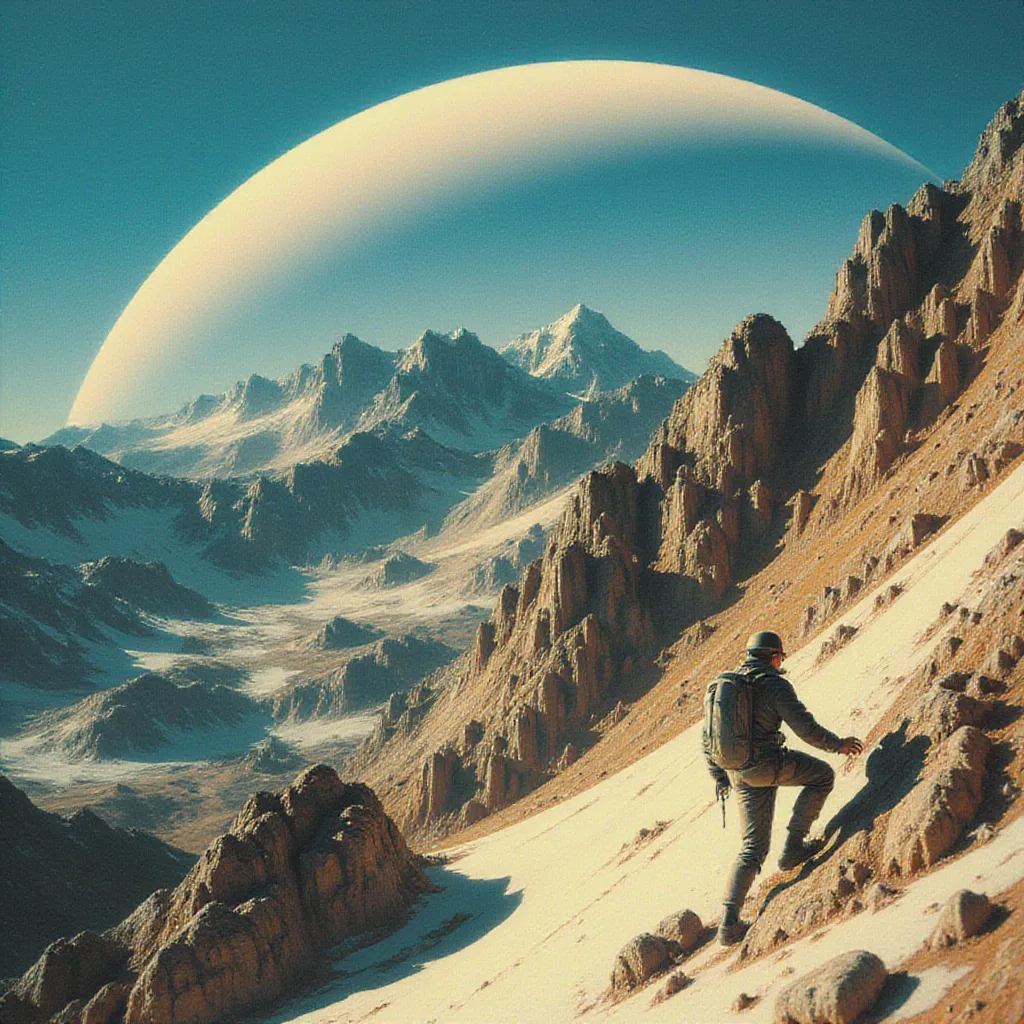 a man climbing a mountain in retrofuturism style