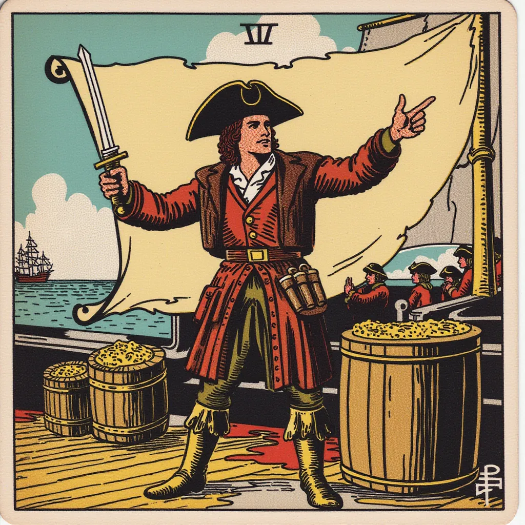 A determined pirate quartermaster standing on the deck, pointing towards a treasure map with one hand while holding a sword in the other. Dressed in a leather vest, belt with pistols, and sturdy boots. The expression is assertive and calculating, showing leadership qualities. The background features barrels of supplies and crew members working only weist-up image in the style of TOK a trtcrd tarot style
