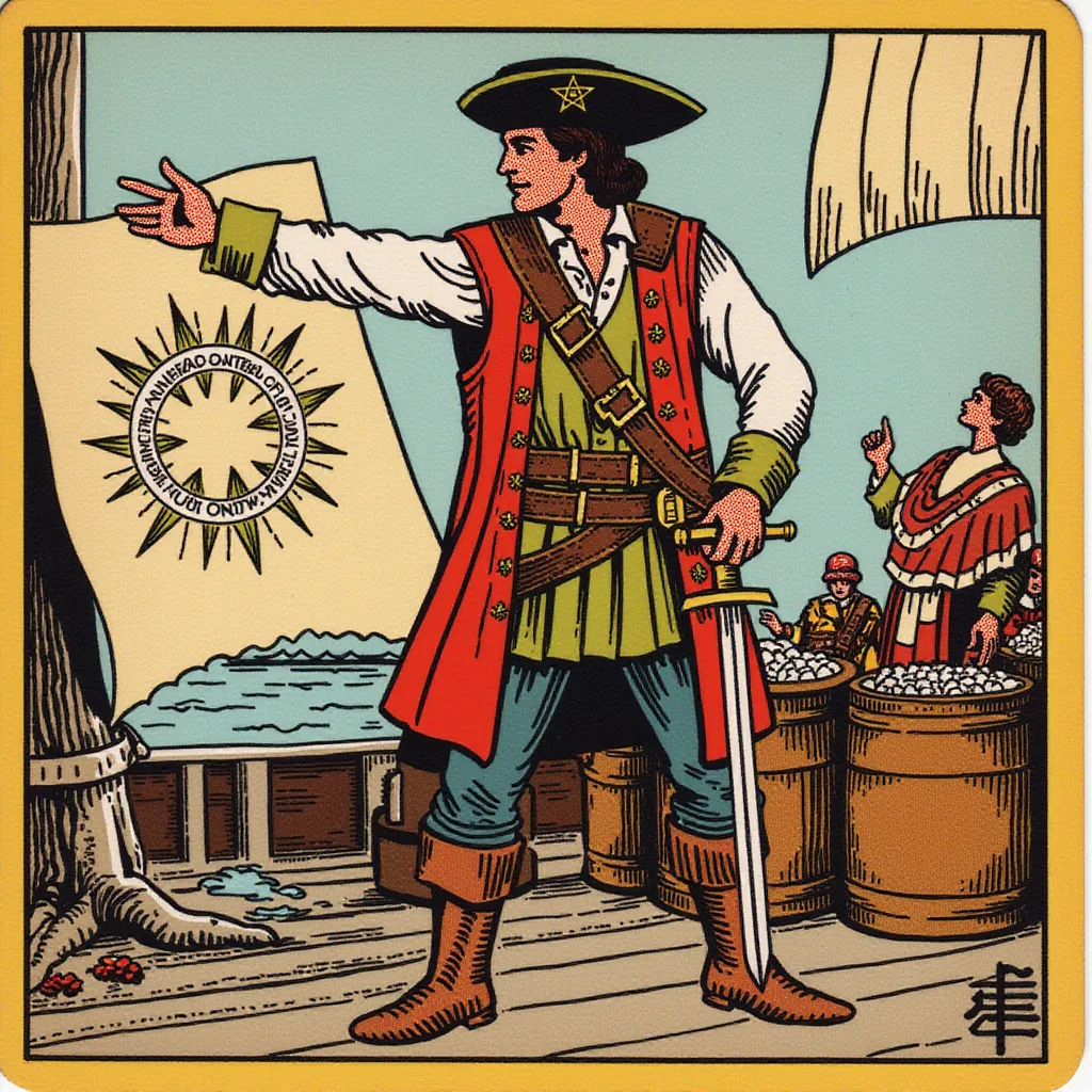 A determined pirate quartermaster standing on the deck, pointing towards a treasure map with one hand while holding a sword in the other. Dressed in a leather vest, belt with pistols, and sturdy boots. The expression is assertive and calculating, showing leadership qualities. The background features barrels of supplies and crew members working a weist-up image in the style of TOK a trtcrd tarot style