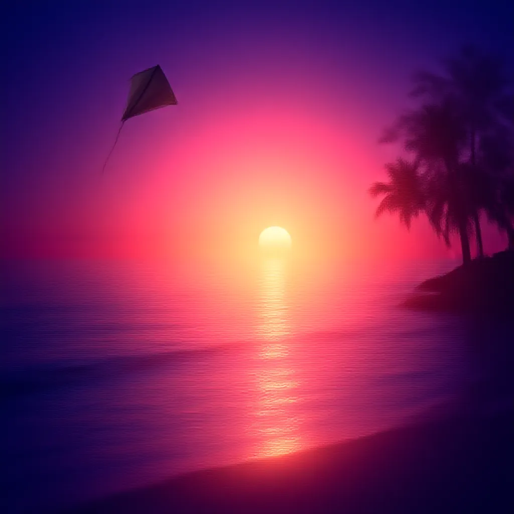 As the day slowly fades into the realm of dusk, you find yourself at the edge of a spectacular onslaught of nature's beauty - a beach sunset. The sky above, a wide canvas, paints a vibrant mix of hues - serene shades of pinks, purples, and oranges that stretch out as far as the eye can see. Below, the tranquil ocean graciously mirrors the enchanting panorama, gently serenading the setting sun to sleep. The lonely kite flying above, silhouetted against the multicolored backdrop, adds a delightful touch of whimsy. The heavenly golden orb of light is on a steady downward trajectory towards the ocean's edge, its radiant beams dancing across the rippling waves and drawing a shimmering path that seemingly leads to the heart of the sun itself. The cool, salty breeze rustles through the nearby palm trees, amplifying the soothing soundtrack of the rhythmic waves. As twilight descends, it weaves a captivating spell of tranquility, making the witnessing of this beach sunset, a timeless, unforgettable spectacle.