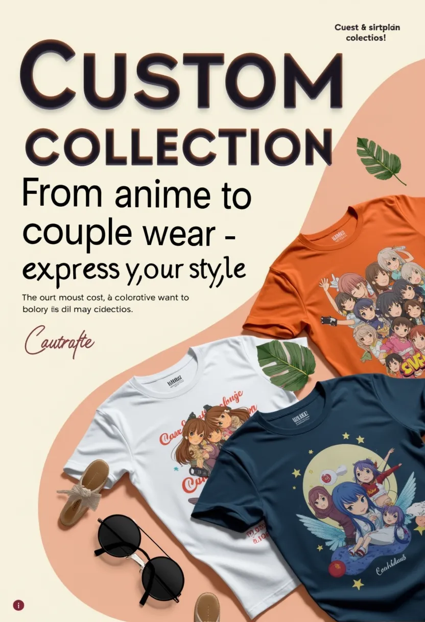A modern poster design showcasing diverse custom clothing collections, including anime-inspired t-shirts, matching couple outfits, and themed apparel. The poster features clean, stylish layouts with vibrant colors and subtle design elements that emphasize customization options. A soft gradient background transitions from light beige to darker brown, complementing the text 'Custom Collections' in bold, elegant typography and the tagline 'From anime to couple wear – express your style' in modern font. Include visual cues like folded shirts, artistic prints, and fashion accessories arranged neatly