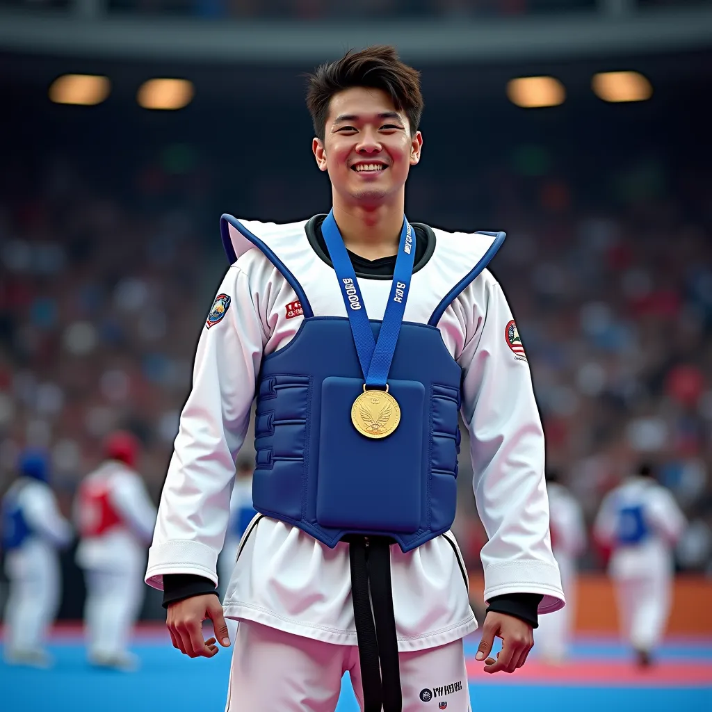 In the captivating year of 2024, at the renowned Paris Olympics, a man, robust and agile, had worlwide attention as he was engrossed in the thrilling game of Taekwondo. The crowd was pulsating with energy, their cheering reverberating across the stark boundaries of the splendid stadium, echoing under the Parisian sky. The competitors displayed awe-inspiring techniques and movements, embodying the essence of this ancient martial art. 

This particular man was breathtaking in his performances; his kicks faster than lightning, his techniques intriguing and his focus unwavered, even under the tense atmosphere of the Olympics. Under intense scrutiny of spectators and jury, he gracefully fought his way through several challenging rounds of combat, outperforming numerous world-class competitors.

Impressively, his journey culminated in victory after a nail-biting final match that left the crowd gasping and clapping in unison. Remarkably, he was awarded the prestigious gold medal, signifying not only his superiority in Taekwondo but also his relentless persistence and dedication. His celebrations were heart-warming; he wore his medal with a joyous glow on his face, reflecting his pride and overwhelming happiness. Whole stadium was erupting in euphoric applause, celebrating this enormous victory, memorializing a spectacular moment in the history of the Paris Olympics, 2024.