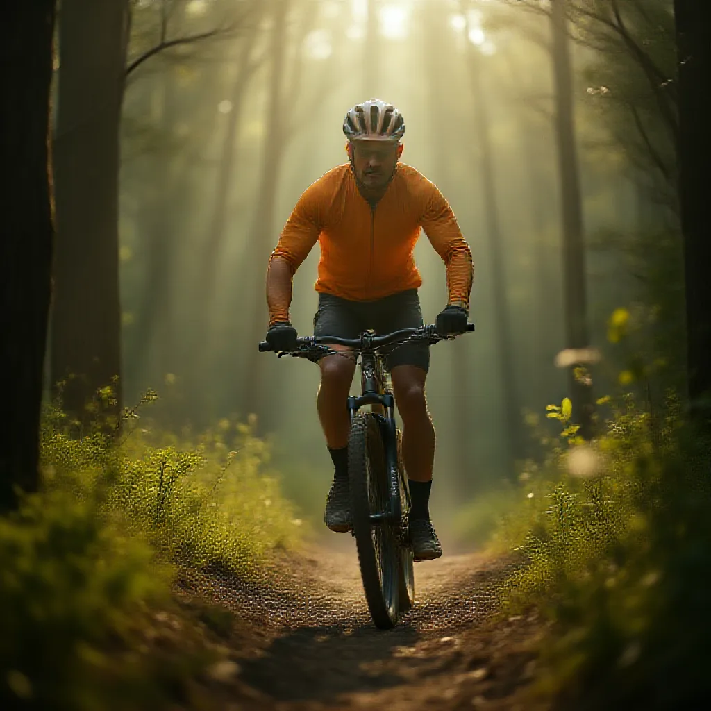 A middle-aged man dressed in a bright cycling suit is riding a mountain bike through a densely wooded trail. The striking sunlight filtering through the towering trees casting long, streaky shadows over him. He is wearing protective gear - a sturdy helmet, knee and elbow pads, and a pair of gloves. Through the winding path, he maneuvers skillfully, his intense focus mirrored in his determined eyes. The fantastically cool wind blusters against his face, making his cycling experience adventurous and exhilarating. His muscular legs pedal rhythmically, each revolution synonymous with the racing pace of his heart.