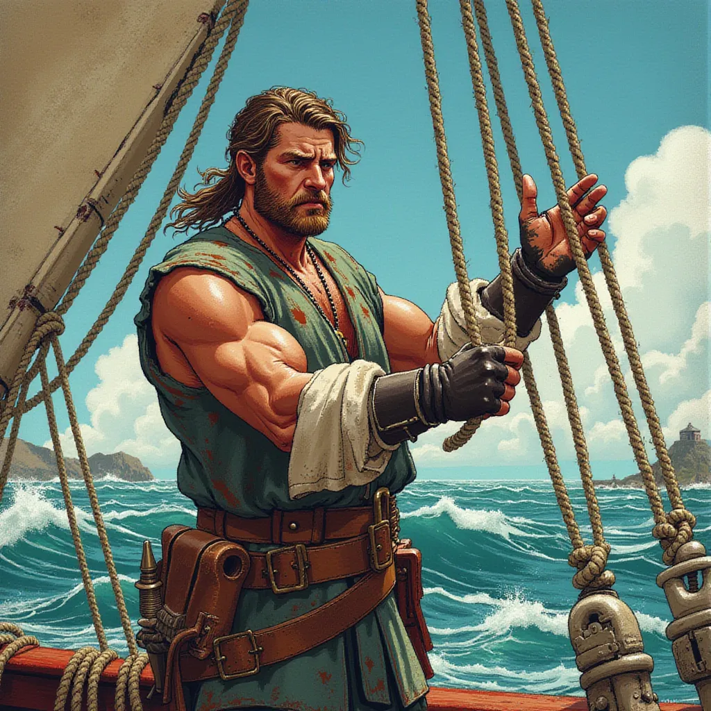 In the midst of a turbulent, open sea, a dedicated and tirely pirate boatswain commands the attention of his crew members as they engage in a urgent repair of the ship's towering mast. This strong, influential figure stands boldly, one hand firmly gripping a weathered rope, while his other hand moves swiftly, gesturing and directing the operations with unspoken authority. He is clad in a worn, sleeveless shirt battered by the salty sea mist and harsh weather conditions, its fabric sticking to his muscular frame. 

The thick, leather, tool belt around his waist holds an array of nautical equipment, betraying the hard labor that comes with his role. In preparation for the rough work, his hands are guarded by sturdy gloves, battered and worn from countless similar endeavors. His battle-hardened face, etched with faint, linear scars accumulated over years at sea, is an embodiment of unwavering determination and single-minded leadership. 

The background is a symphony of nautical elements, a tangle of numerous ropes and antique pulleys, silently bearing testament to many a sea-bound repair. Beyond this is the vast azure sea, its surface dotted with the white caps of raging waves beneath the azure sky. The envisaged image is waist-up, focusing on the central figure and giving vibrant life to his dedication, leadership, and the relentless pursuit of his mission. in the style of TOK a trtcrd tarot style