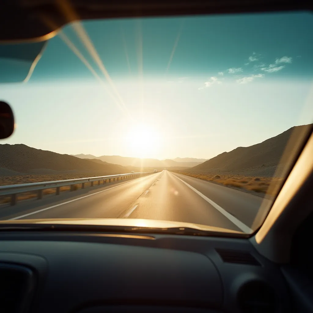 Road trip, view through car window of desert highway, light leak effect, flmft style