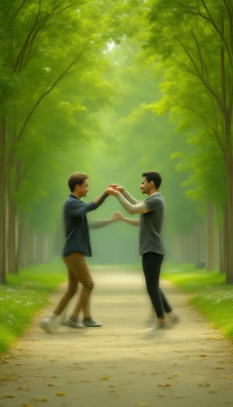 In the tranquil serenity of a well-maintained urban park, a man finds himself lost in his own world. Buried among the towering, lush green trees that provide a comforting canopy against the city's commotion, he is rhythmically swaying, entirely engrossed in the act of dancing. The park, with its colorful floral arrangements, chirping birds, and a calm lake whispering ripples against the bank, provides the perfect backdrop for his isolated, joyful moment.

The man's eyes, renowned windows to the soul, have been caught by a lady's captivating presence. She is directly in his line of sight, their gaze interlocking, creating a special moment that transcends the setting's peace. Her captivating allure and radiant sight have mesmerized him, forging an unspoken bond that electrifies the afternoon air.

In the backdraft of this picturesque scene, the soundtrack of his life plays on. His favorite song, emanating from his pocket device, fills the immediate surroundings with harmonies and rhythms that seem to pluck at the very strings of his being. Each note, each lyrical phrase, resonating with his inner feelings, intensifying the connection he feels with the enchanting stranger amidst the vibrant landscape. It's as if the universe has created a symphony just for them, orchestrating an unforgettable dance in the park.