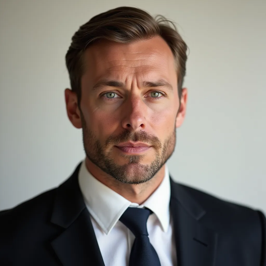 Using the provided image of a face, please generate an image of a professional businessman. Consider enhancing the overall suave by adding a suit and tie. Effectively integrate these elements whilst maintaining the realistic look of the image. The desired output should visually communicate the distinct persona of a corporate business individual, projecting seriousness, elegance, and sophistication which are usually associated with an experienced corporate professional. Please ensure the authenticity and quality of the image enhancement is top-notch to capture the essence of a professional businessman. in the style of TOK a trtcrd tarot style