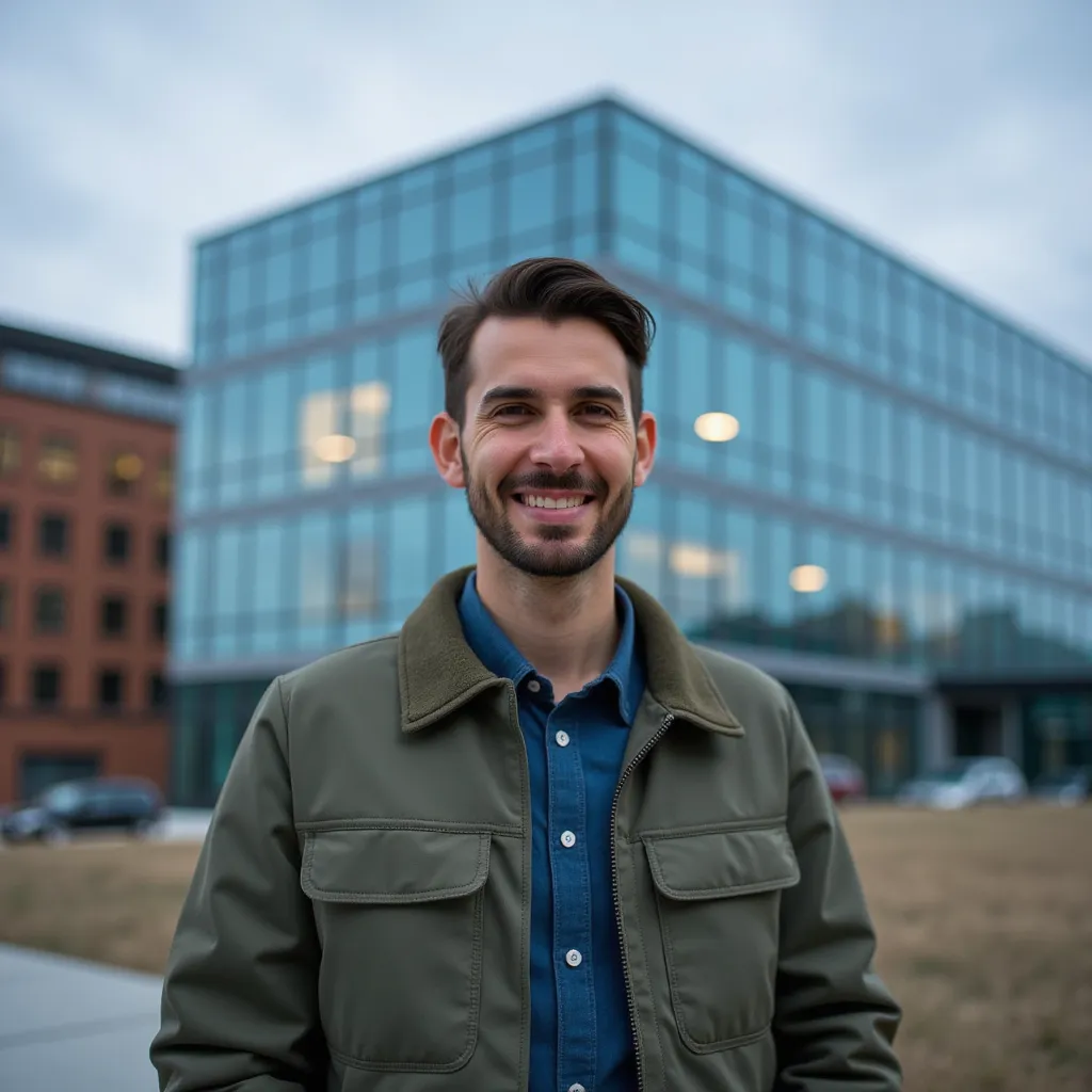 A software engineer in front of a modern building.