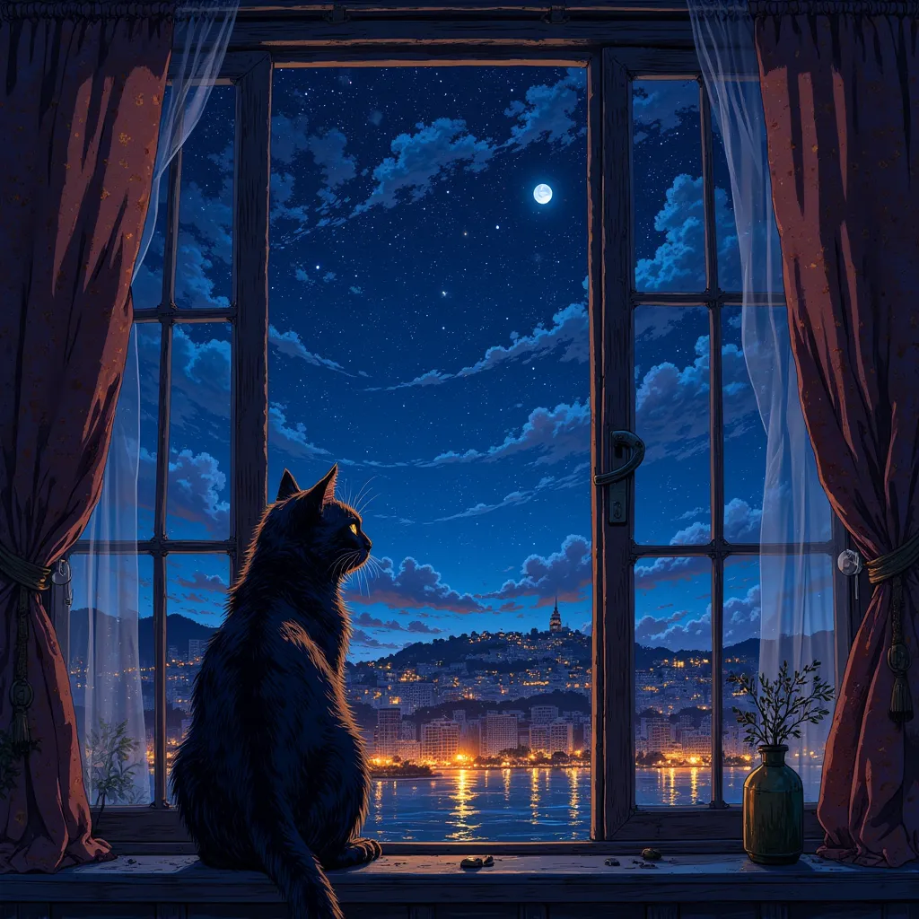GHIBSKY style, a cat on a windowsill gazing out at a starry night sky and distant city lights