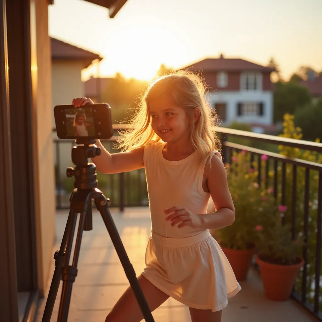 A young, vibrant girl is on a mission to create an engaging Instagram reel on the sunlit terrace of her suburban home. She is enthusiastically planning to capture compelling content that accurately presents her creativity and spontaneity to her followers on the popular social media platform. With the sun casting natural, warm rays over the backdrop, she sets her phone on a tripod, ready to record her choreographed dance routine that she impeccably crafted to sync with the trending beats. Her lively spirit is buzzing with excitement as she endeavors to produce a captivating Instagram reel that entertains and resonates with her digital audience. in the style of TOK a trtcrd tarot style