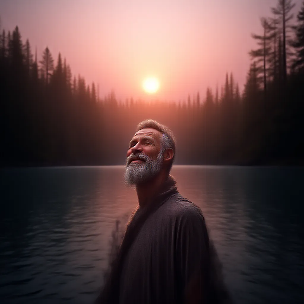 A middle-aged man with a grizzled beard and weathered skin, joyously soaking in the spectacular panorama of unspoiled nature. He is standing at the edge of a glistening lake, framed by thick rows of towering pine trees that seem to stretch into eternity. The vibrant hues of the setting sun paint the sky in shades of brilliant orange and stunning pink, reflecting in the crystal clear waters below. His heart fills with immense satisfaction and tranquility as he relishes the serene symphony of gentle waves, the whispering wind, and the soft rustling of leaves. The man appreciates the blissfully isolated moment, completely separated from the hustling modern world, only surrounded by the pure, undisturbed beauty of the natural world.