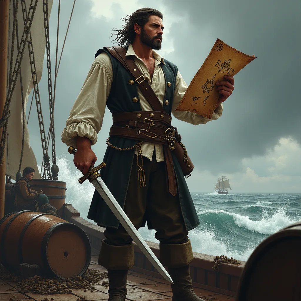 Standing resolute on the deck of his ship, amidst the uproar of the lashing seas, is a determined pirate quartermaster. His stance firm against the ship's swaying motion, his gaze unwavering, striking a commanding silhouette against the backdrop of the gloomy, storm-laden sky. In his broad, calloused hand, he tightly clutches a weathered and worn parchment - a treasure map, filled with cryptic symbols and old markings.

Artfully crafted, his outfit is the perfect blend of function and flair. He's dressed in an aged leather vest, its dark, rich hue telling tales of countless voyages and battles fought. It's worn atop a billowing white shirt, their stark contrast speaking of his persona as a formidable being. Strapped around his waist is a sturdy belt with couple of loaded antique flintlock pistols, ready to defend his crew and treasure at any moment's notice. His feet are enshrined in sturdy boots, hardened by countless miles traversed on both land and sea.

In his other hand, he firmly grips a gleaming sword, its blade reflecting the muted light beneath the stormy sky, subtly revealing the countless battles it has partaken in. His expression is a powerful blend of assertiveness and calculations, the furrowed eyebrows and set jawline echoing his unspoken leadership qualities. 

The background is a bustling scene of life on the ship. Barrels of supplies, suggesting a fresh load ready for mysterious journeys, are haphazardly stacked across the deck. A smattering of his trustworthy team, the obedient crew members, are seen in into the scene. They are lost in dedicated work, hauling ropes, adjusting sails, following the deft instructions of their quartermaster. It's an up-close shoulder to level image, the view only revealing the resilient spirit of the crew while leaving the remainder to the viewer's imagination. in the style of TOK a trtcrd tarot style