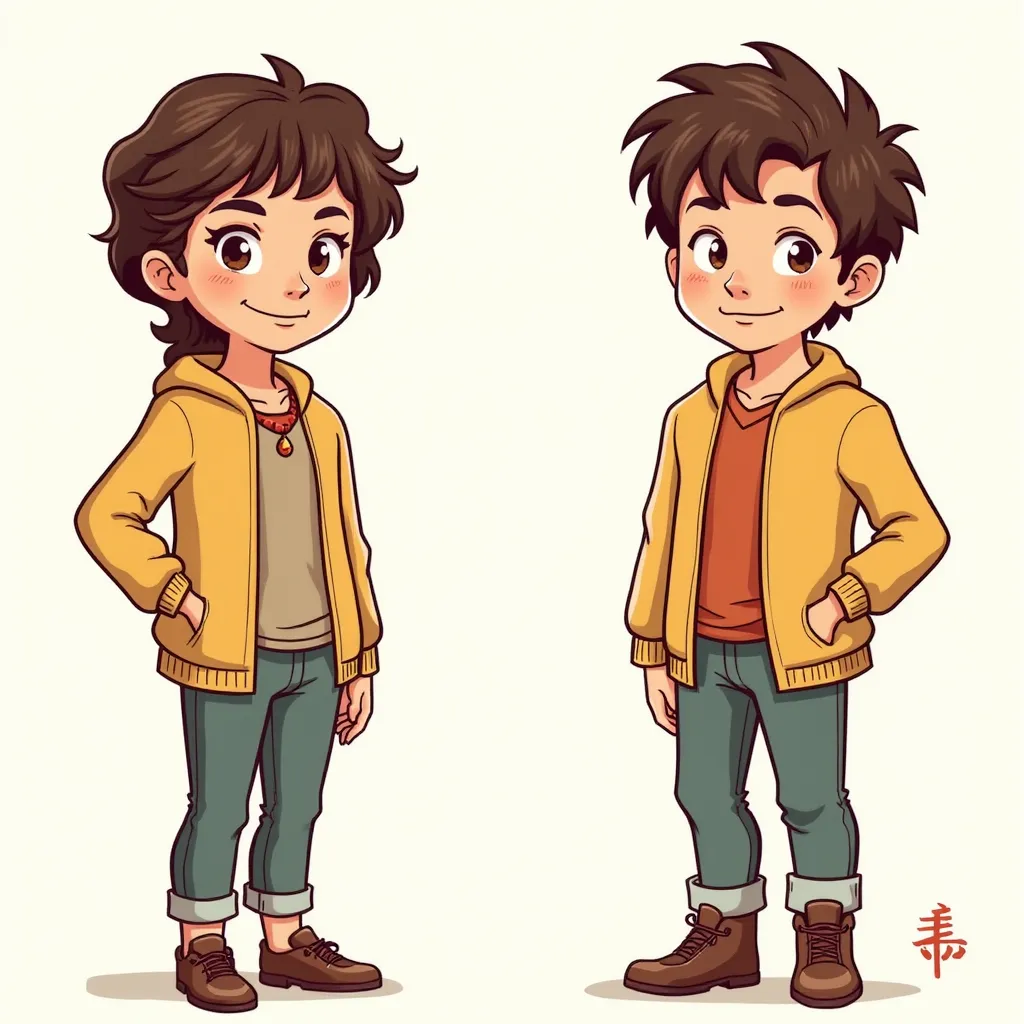 Utilizing the provided image of a female figure as reference, create an equivalent cartoon image of a boy. Pay close attention to features like hair, facial expressions, attire and body shape in order to accurately convert the attributes of the original female figure into a male counterpart while still maintaining a clear resemblance between the two images. Remember to retain the cartoon style in the resulting boy image for consistency. in the style of TOK a trtcrd tarot style